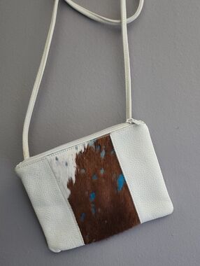 White Leather Crossbody Bag with Brown & Turquoise Cowhide Panel